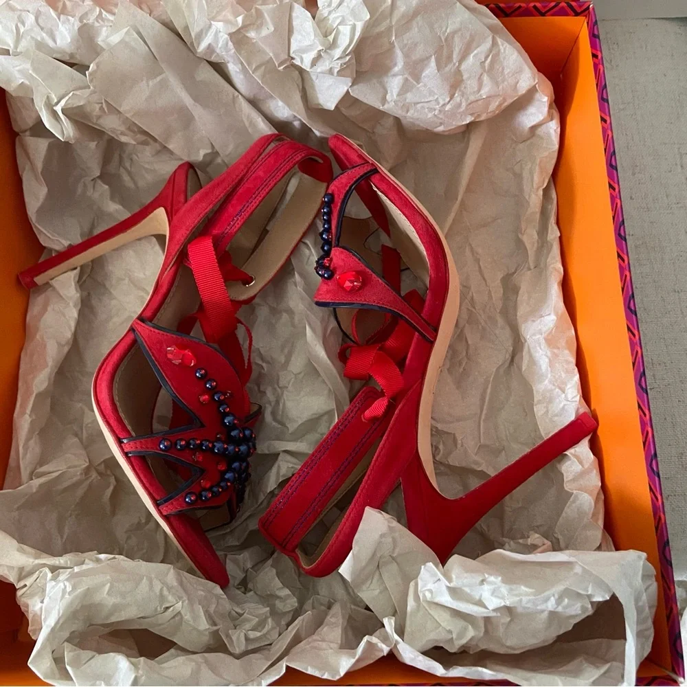 TORY BURCH NIB Seaside Red Suede Beaded Ribbon Ankle Strap Heels 7